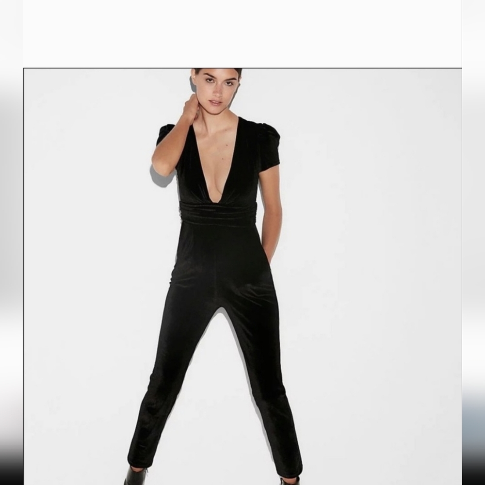 Express Plunging V Black Velvet Crop Jumpsuit